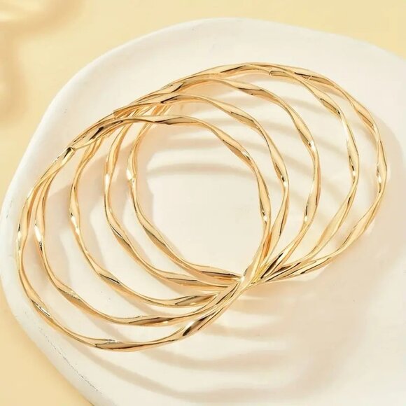 Bangle Bracelets 5pc Twisted Cuff Gold Glam Layered Simple Elegant Trendy Style - Picture 2 of 4